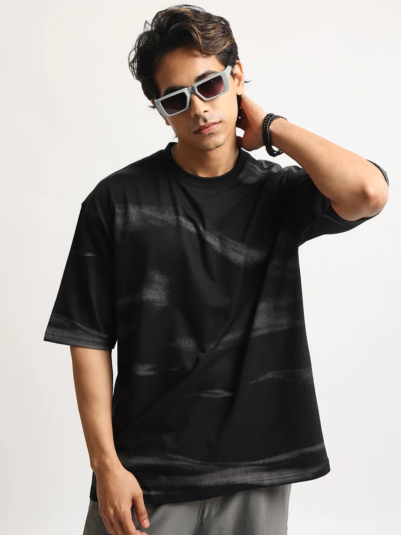 Maniac Maniac Mens Color Block Henley Neck Half Sleeve Black and White Cotton Tshirt